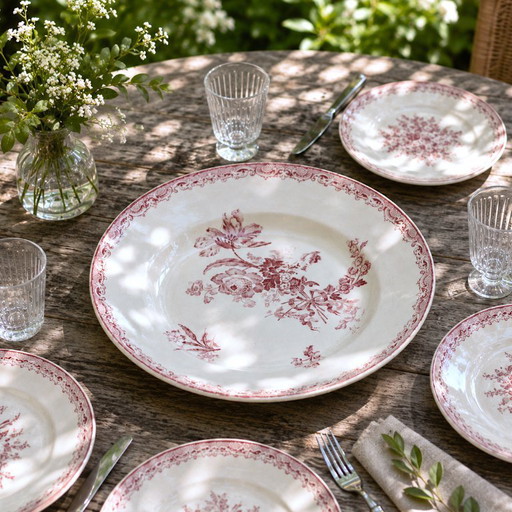 Piatto rotondo antico firmato Sarreguemines, collezione Fontages, in gres rosa