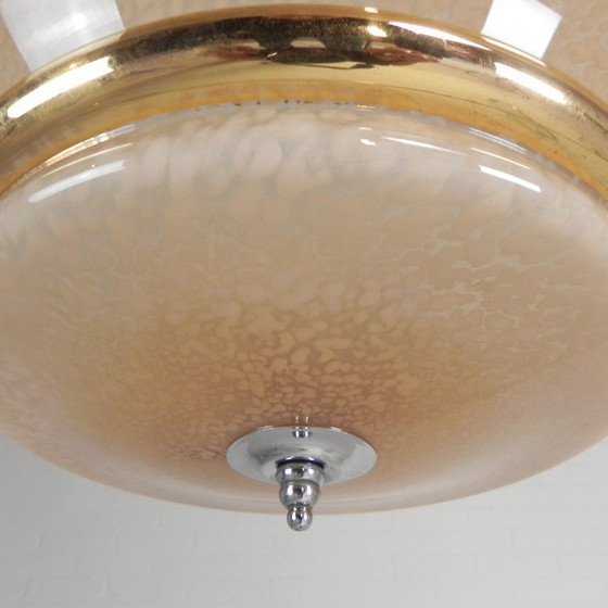 Image 1 of Art Deco hanglamp met glazen schaal van gewolkt glas met een gouden band, jaren 30