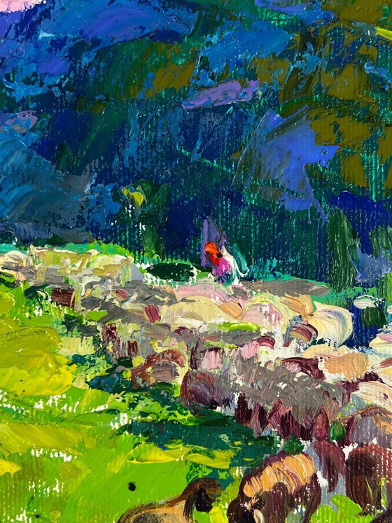 Image 1 of Peinture à l'huile originale représentant un paysage naturel de prairies au pied des montagnes