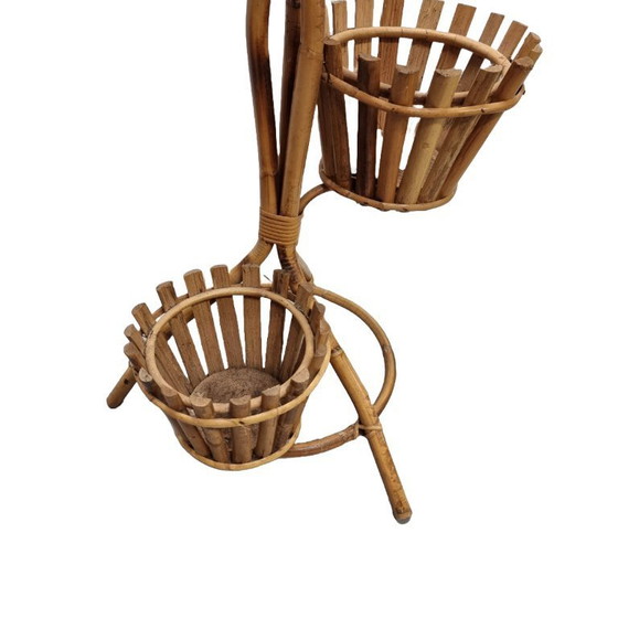 Image 1 of Vintage bamboe en rotan plantenstandaard