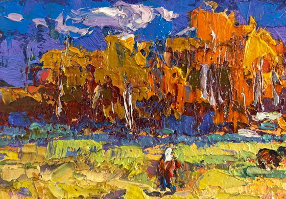 Image 1 of Original Oil Painting Fall Field Landscape Golden breath of autumn