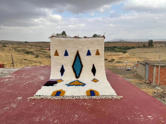 Tappeto berbero marocchino crema e blu 250x150 cm – motivi geometrici colorati – Tappeti, Lana, Cotone (photo 8 of 8)