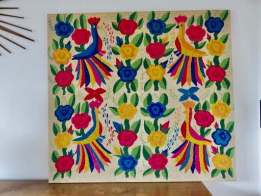 Large Mexican tapestry "otomi tenango", colorful flowers and birds, 1970
