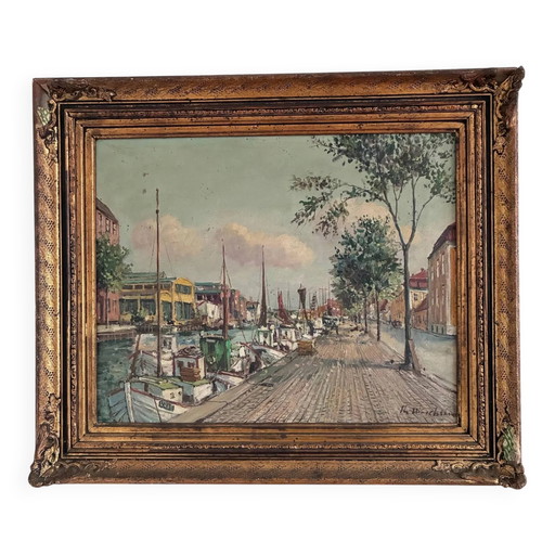 Peinture à l'huile originale vintage d'un port scandinave