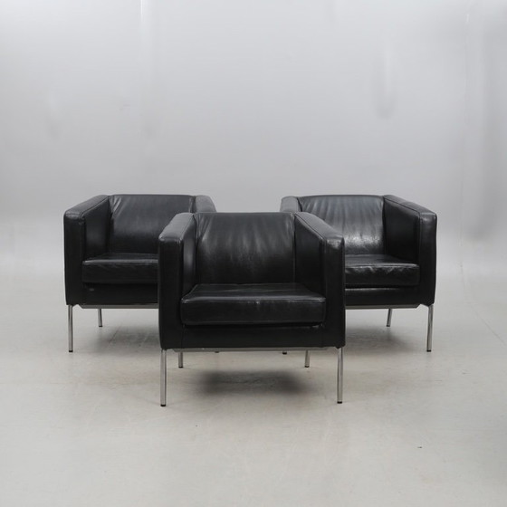 Image 1 of Three matching IKEA armchairs in black leather with steel frames, made in Sweden in the late 1990s (year 1999), model 501.072.87