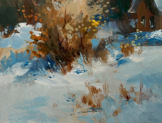 Image 1 of Original Oil Painting Winter House Landscape Houses under a blanket of snow