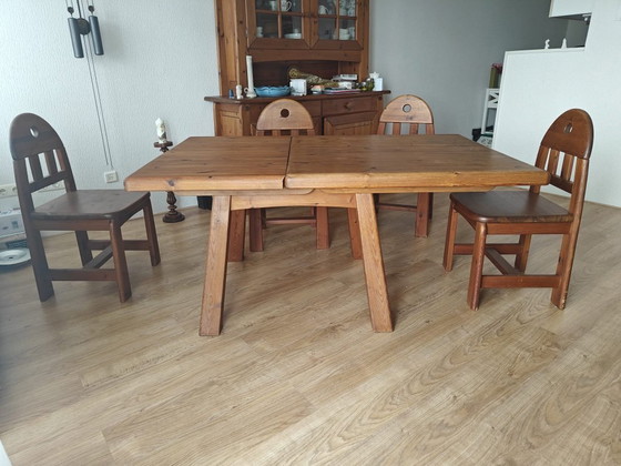 Image 1 of Table and 4 chairs Scandinavian 70s solid pine brutalism/rustic modern
