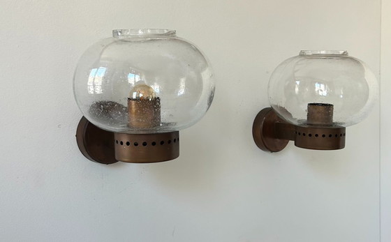 Image 1 of Paire d’appliques vintage, cuivre et verre bullé, BEGA Allemagne 1970