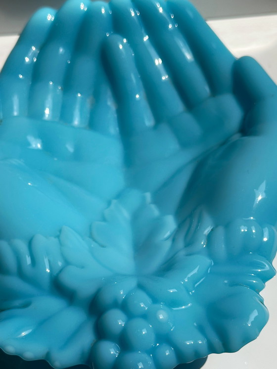 Image 1 of Vallérysthal Ciotola opalina Vide Poche Mani Vite Art Nouveau Vetro Opale Vetro Latte Blu Celeste 1900