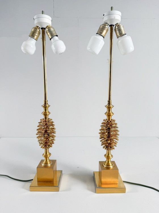 Image 1 of Set of 2 table lamps by Maison Charles, Hollywood Regency, pine cone/pine, France, 1970s