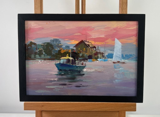 Pintura al óleo original Paisaje de pueblo al atardecer Barco bajo las ventanas del mar