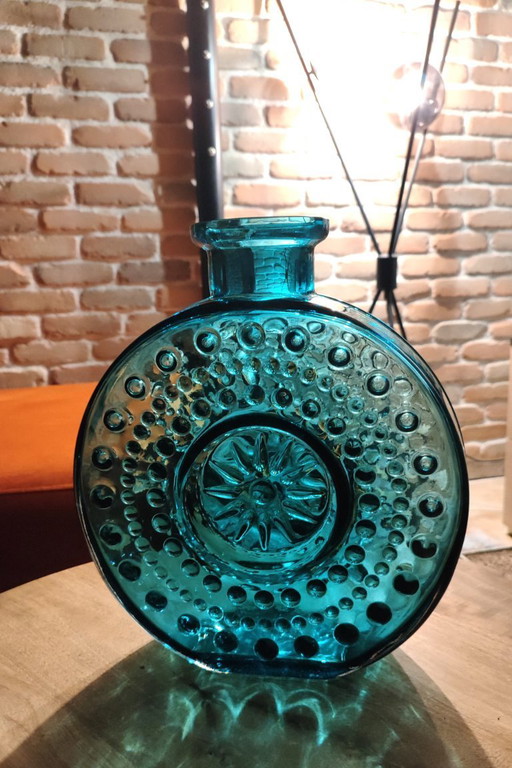 Large Vintage Teal Sunburst Blue Bubble Glass Vase / Erich Jachmann for WMF / 1960s