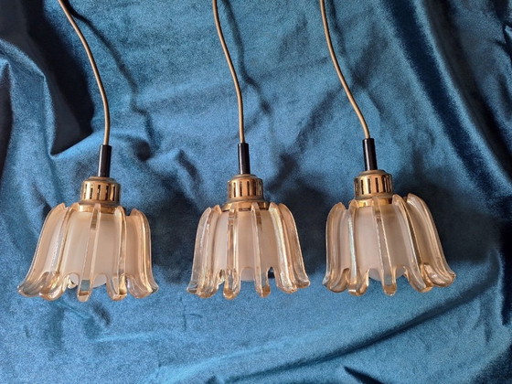 Set of 3 Doria Mid Century Amber-Coloured Pendant Lights, 1960s – Pendant lamps, Brass, Glass (photo 14 of 14)