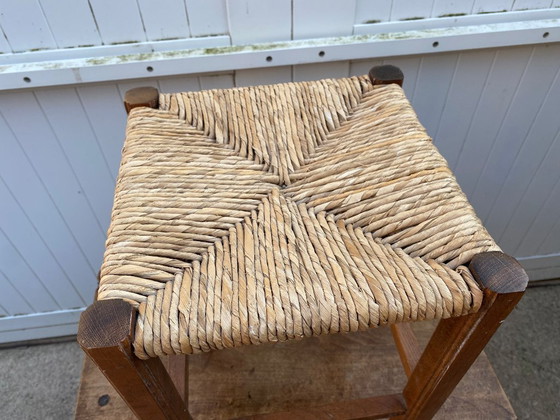 Image 1 of Sgabello rustico anni '50 in legno e paglia