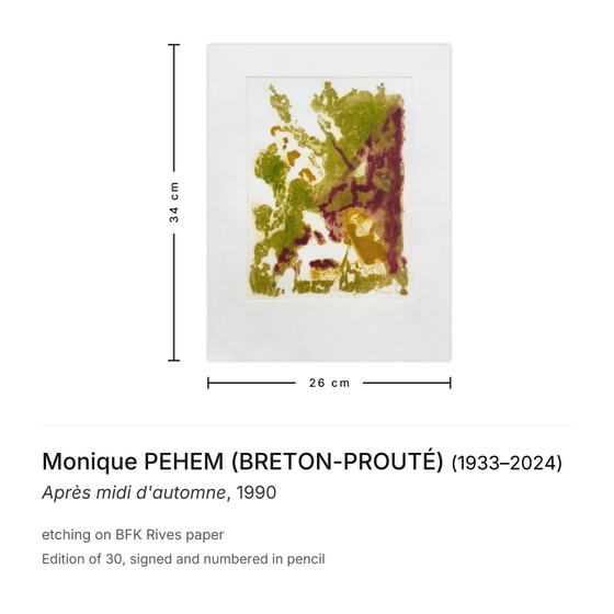 Monique PEHEM (BRETON-PROUTÉ) Signed Etching Après Midi D'Automne 1990 – Lithographies et sérigraphies, Paper (photo 3 of 5)