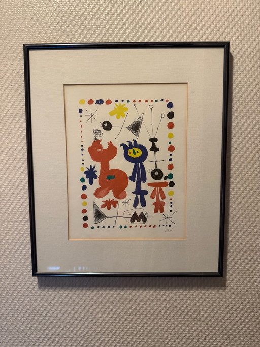 Xilografía en color original de Joan Miró „Figure and Bird“ – Enmarcada de alta calidad