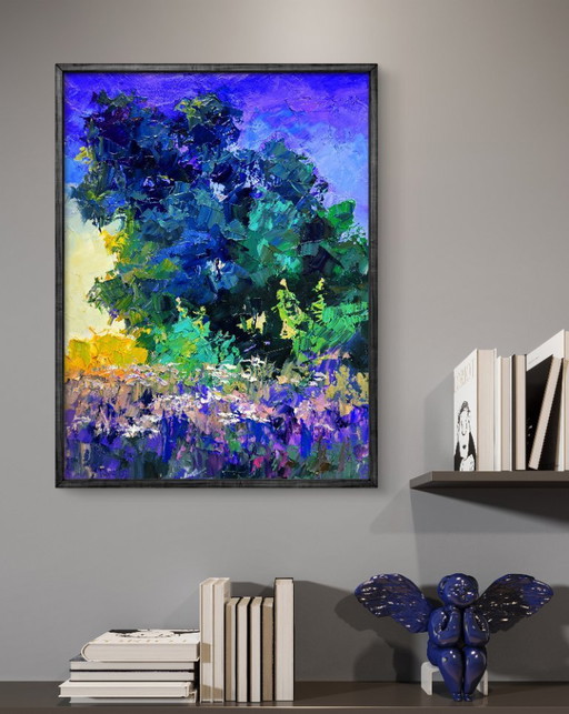 Origineel olieverfschilderij: Natuurlandschap, bos, vroege ochtend in de wei.
