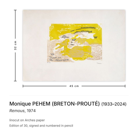 Image 1 of Monique PEHEM (BRETON-PROUTÉ) Remous Signed linocut 1974