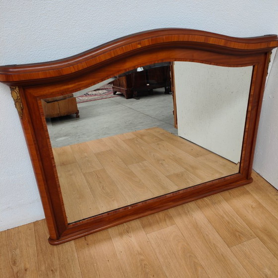 Image 1 of Antique mahogany facet-cut mirror, country-style mantel mirror with brass details.
