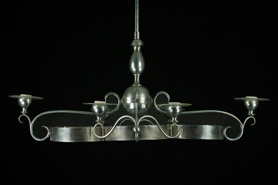 Image 1 of Araña Art Decó italiana de latón niquelado y cristal esmerilado, años 30