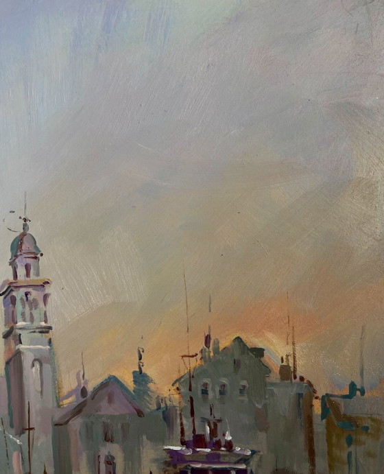 Image 1 of Original Oil Painting Coastal City Landscape Walking tour of the Venetian city