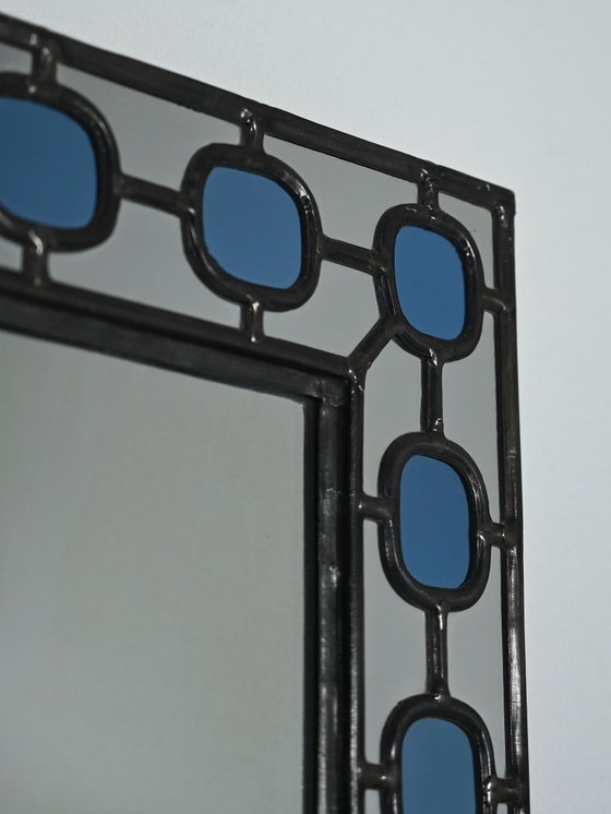 Image 1 of Scandinavian Mirror with light-blue leaded-glass frame