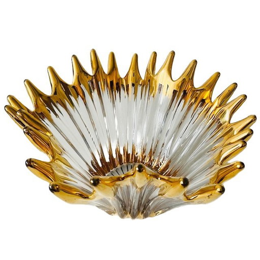 Coupe en cristal soufflé bouche, milieu du siècle, plaqué or, Cofrac Art Verrier, années 1960