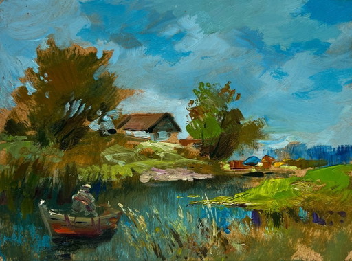 Original Oil Painting Summer House Landscape I'm sailing home on a boat
