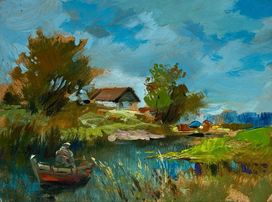 Image 1 of Original Oil Painting Summer House Landscape I'm sailing home on a boat