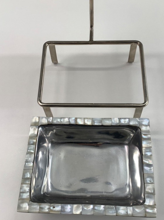 Image 1 of Art Deco Style Silver-Plated and Mother-of-Pearl Tiered Hors d'Oeuvres Serving Caddy with Matching Cocktail Picks