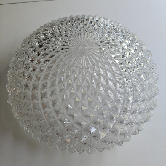 Image 1 of Vintage Diamond Cut Glass Ceiling Light | Mid Century Flush Mount | Space Age Style | 26 cm