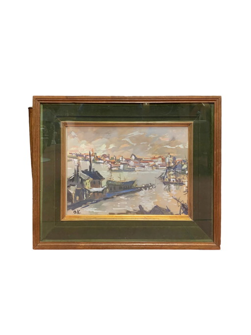 Peinture à l'huile Paysage au coucher du soleil sur toile par Ok, années 1950