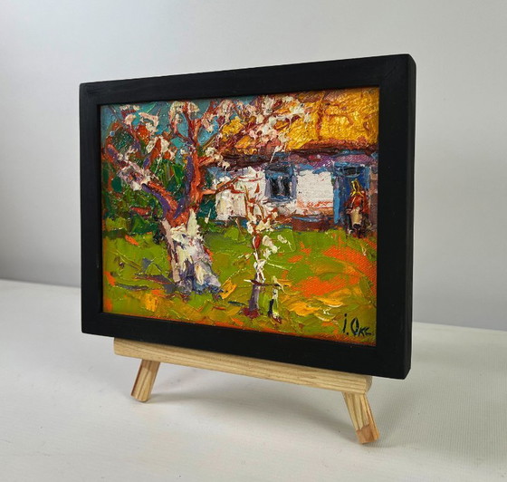 Image 1 of Original Oil Painting Spring Village Landscape Quiet comfort beneath the spreading tree