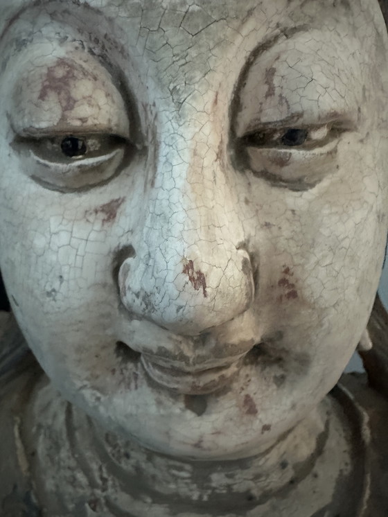 Image 1 of Monumentale, handgeschnitzte chinesische/südostasiatische Tempelstatue aus Holz – Polychromie – 128 cm (Guanyin/Bodhisattva)