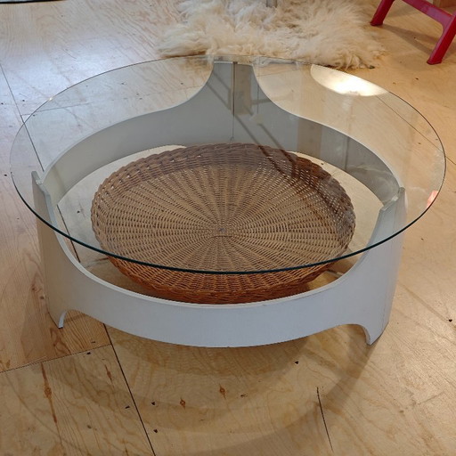 Vintage coffee table white wicker glass