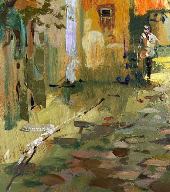 Image 1 of Original Oil Painting Evening City Landscape Fresh air from the streets