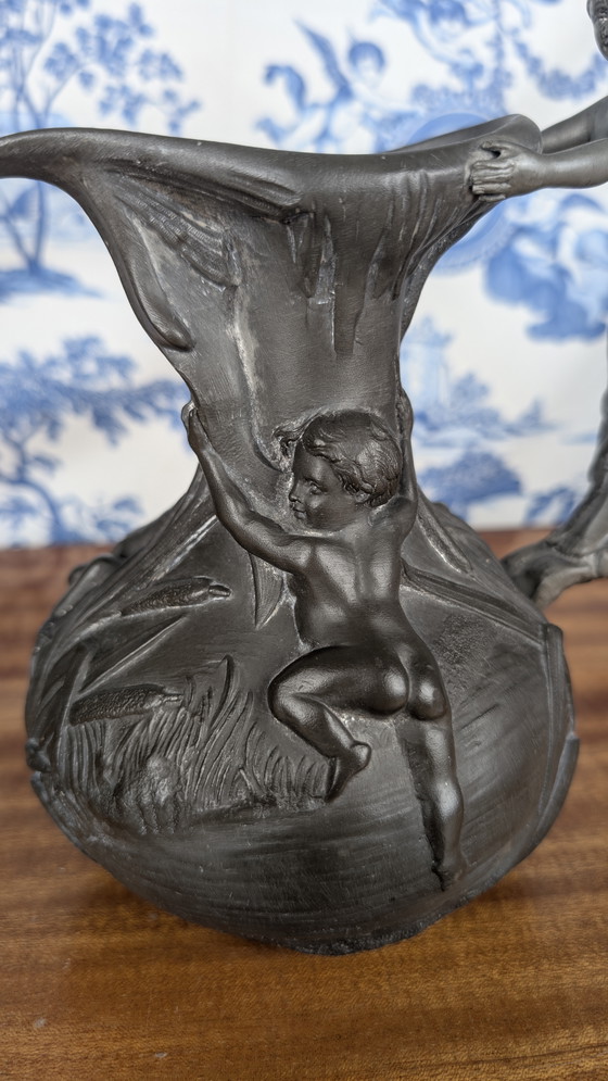 Image 1 of Art Nouveau pewter pitcher with woman and putti design signed Henri Huppé late 19th century