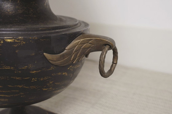 Image 1 of  Italian Neoclassical Amphora Table Lamp Black Patina Urn Base with Brass Handles Vintage Classical Lighting 