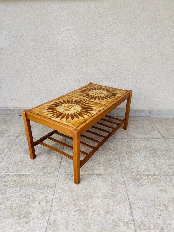 Image 1 of Vintage teak and ceramic coffee table with sun motif, 1960