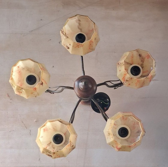 Image 1 of Lámpara de araña Art Déco con pantallas de cristal de uranio