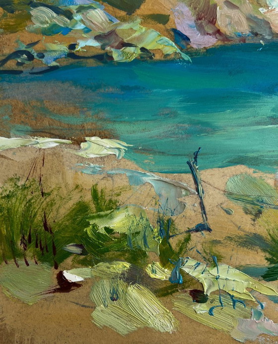 Image 1 of Original Oil Painting Coastal Rock Landscape Boat on the seashore