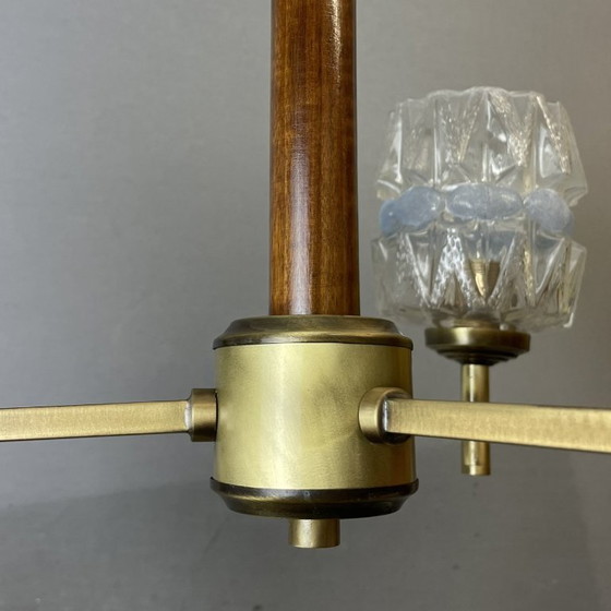 Mid Century Modern Three-Light Wood and Glass Modern Chandelier, 1960s (photo 9 of 15)
