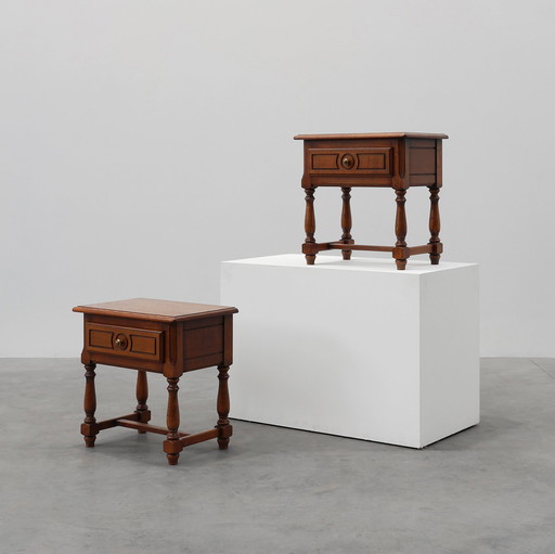 French pair of rustic nightstands in oak with drawer, 1950s