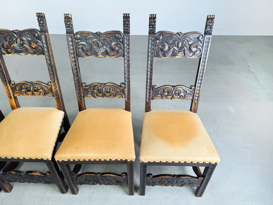 Image 1 of Set di 4 sedie neobarocche storicismo sedia antica in pelle epoca guglielmina