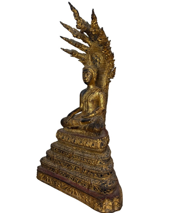 Thai Bronze Naga Buddha – Gilded – Rattanakosin Style Temple Statue – Sculpture (photo 6 of 10)
