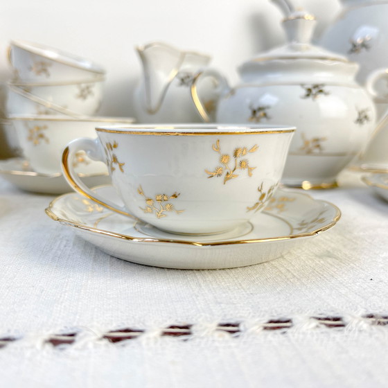 Image 1 of Set da tè/caffè vintage in porcellana bianca con finiture dorate FD Chauvigny