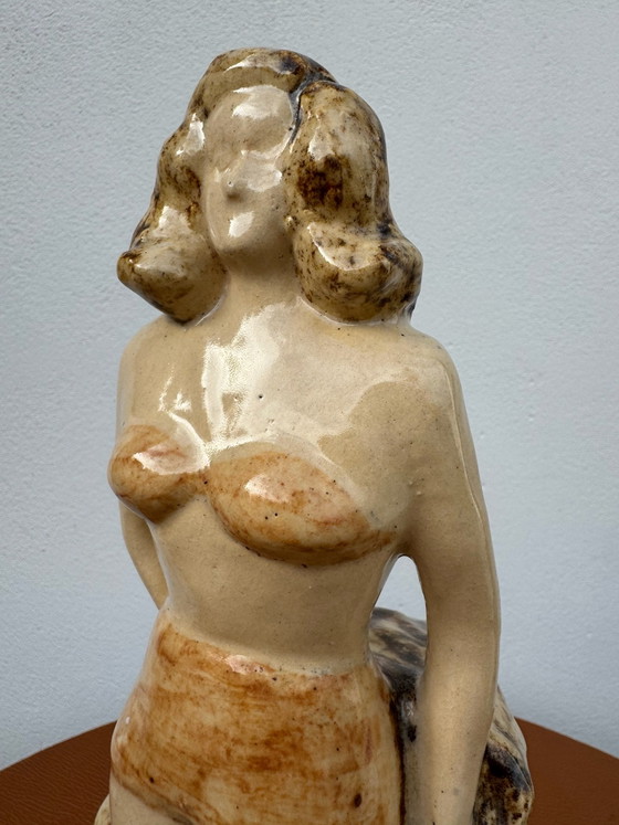 Art Deco keramische badster beeld (1930/40), Beeldhouwkunst, Keramiek, Beige (foto 4 van 15)