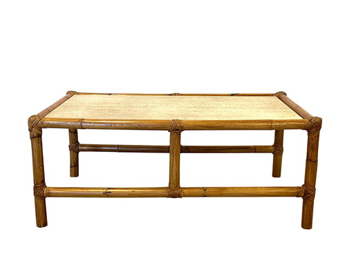 Table basse en bambou avec plateau en travertin, 1970