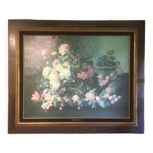 Ramo de flores y frutas sobre una mesa, composición sobre lienzo 100x120.