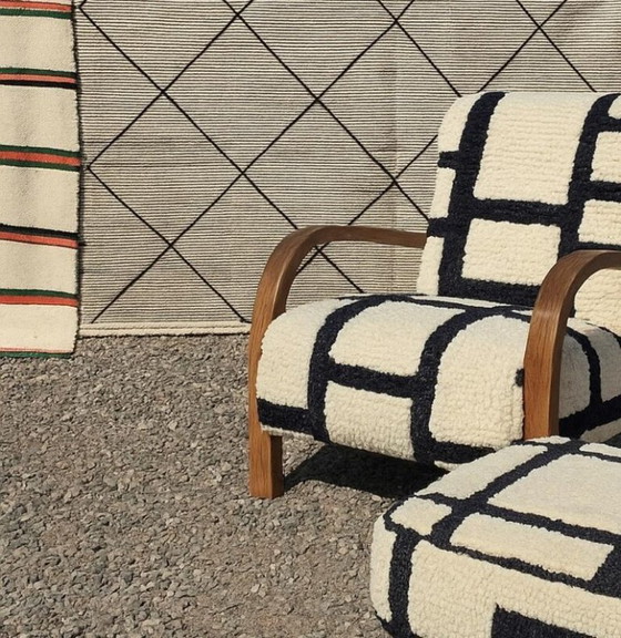 Image 1 of Handmade Moroccan Berber Armchair & Ottoman: Red Wool Stripes